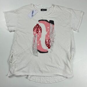 001 - BLUE B BOUTIQUE PINK COWGIRL BOOTS SEQUIN FRINGE WESTERN COUNTRY T SHIRT